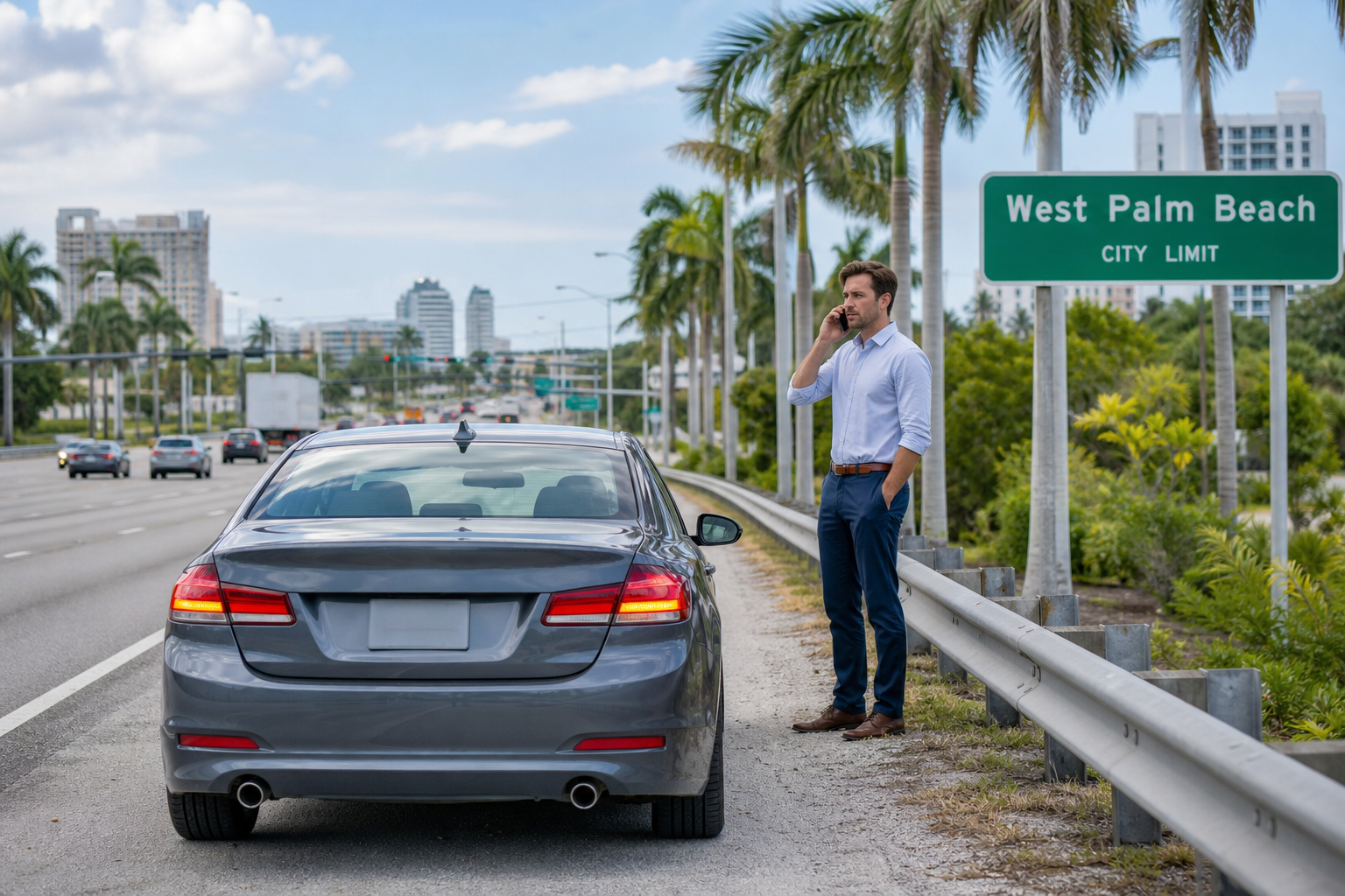 Driver safely waiting away from traffic beside a disabled vehicle in West Palm Beach