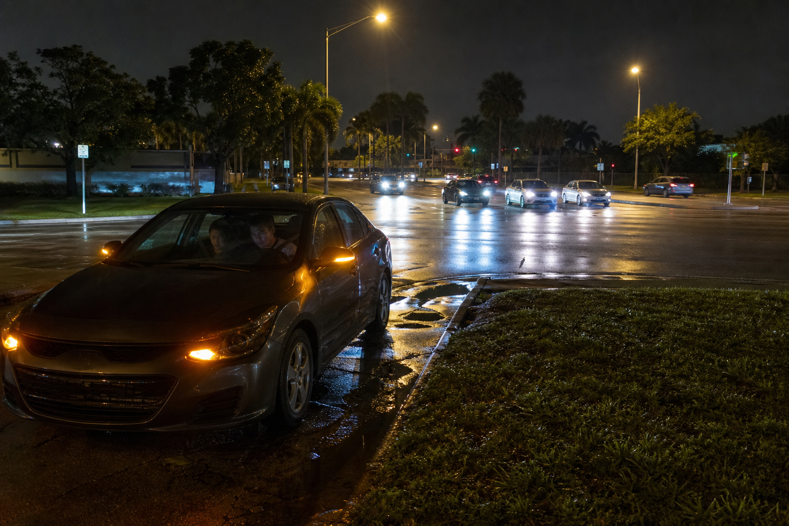 Disabled car with hazard lights on at a West Palm Beach intersection after dark as occupants remain safely inside