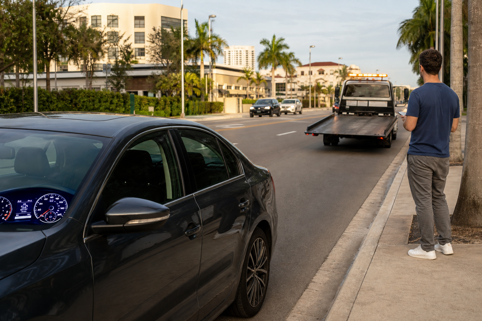 Driver safely standing away from traffic beside a car with illuminated dashboard lights that will not start in West Palm Beach, Florida