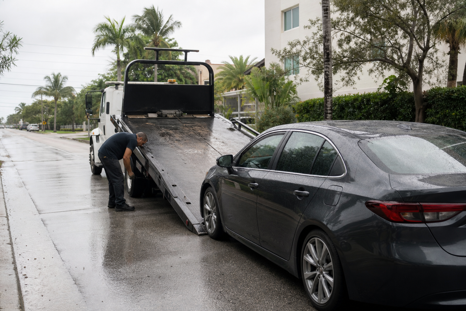 Flatbed tow truck positioned to load a disabled car on wet pavement in West Palm Beach