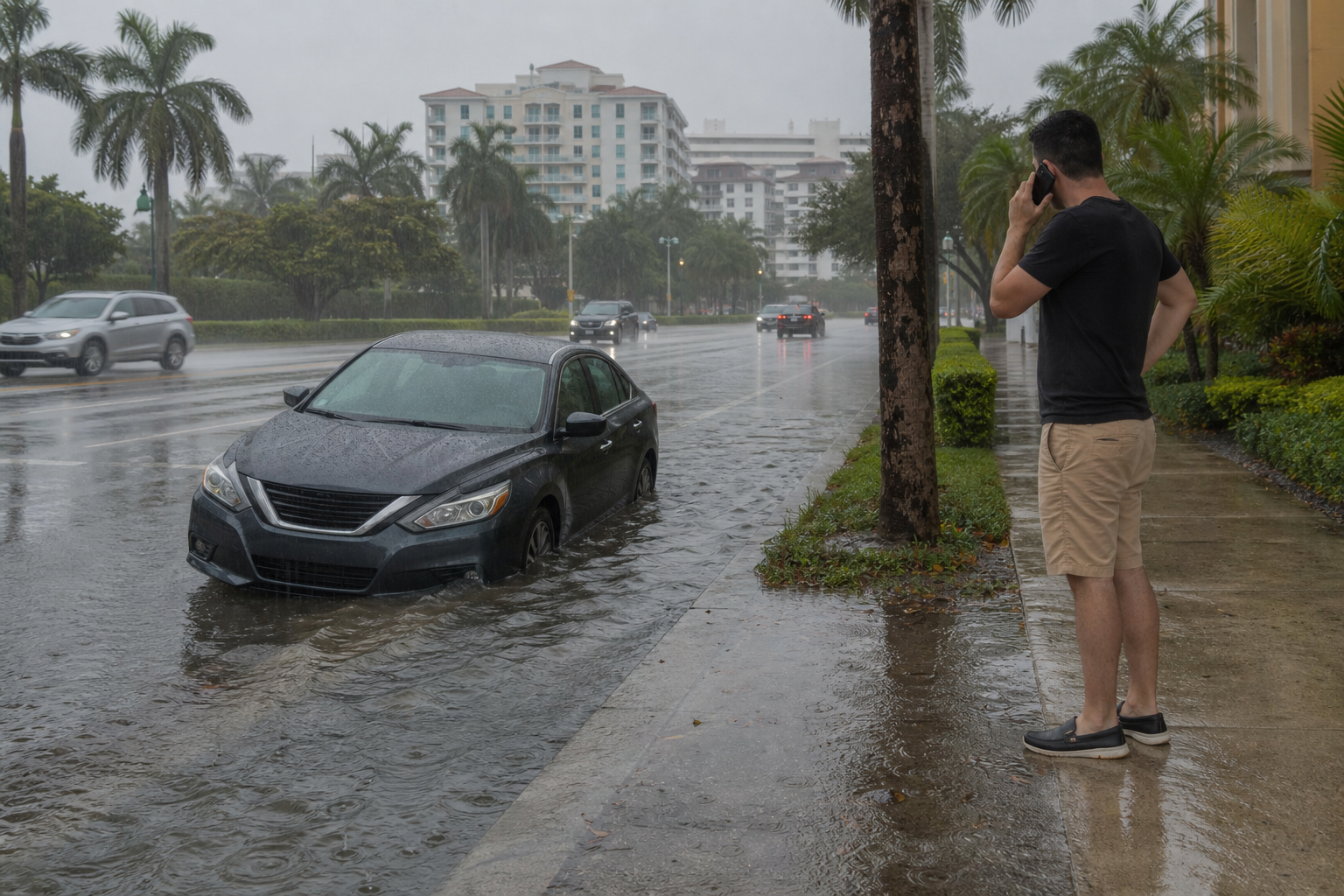 Driver standing safely away from a stalled car near shallow floodwater on a rainy West Palm Beach roadside