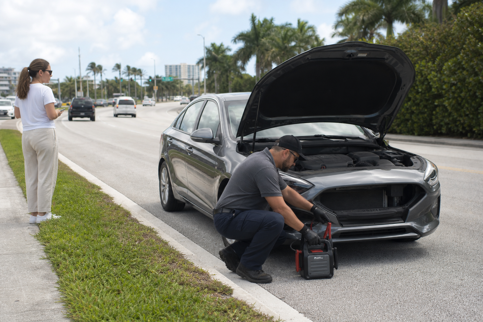 Roadside assistance operator preparing a portable jump starter beside a parked car in West Palm Beach