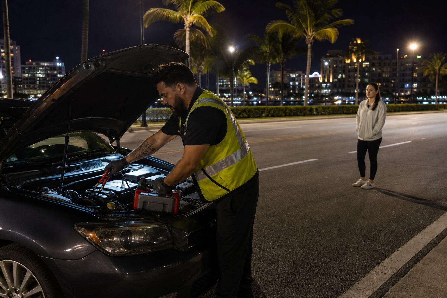 Roadside assistance technician safely connecting a portable jump pack to a car at night in West Palm Beach