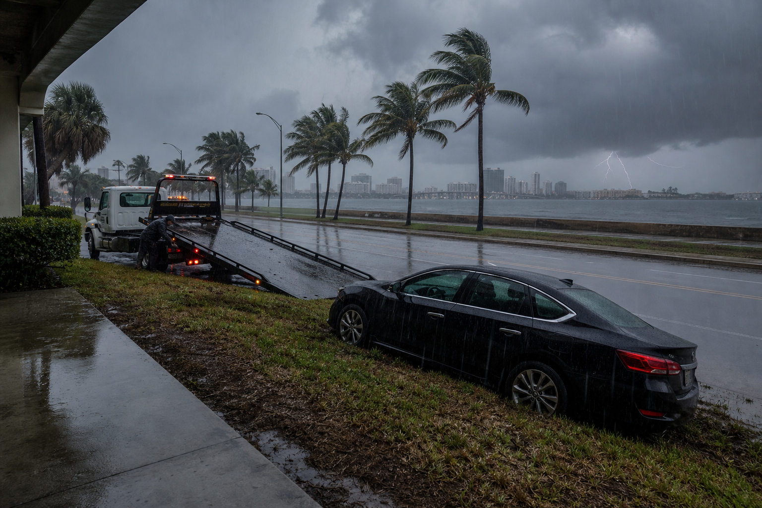 Disabled car with occupants waiting inside as an unbranded flatbed tow truck stages nearby during heavy rain and distant lightning in West Palm Beach