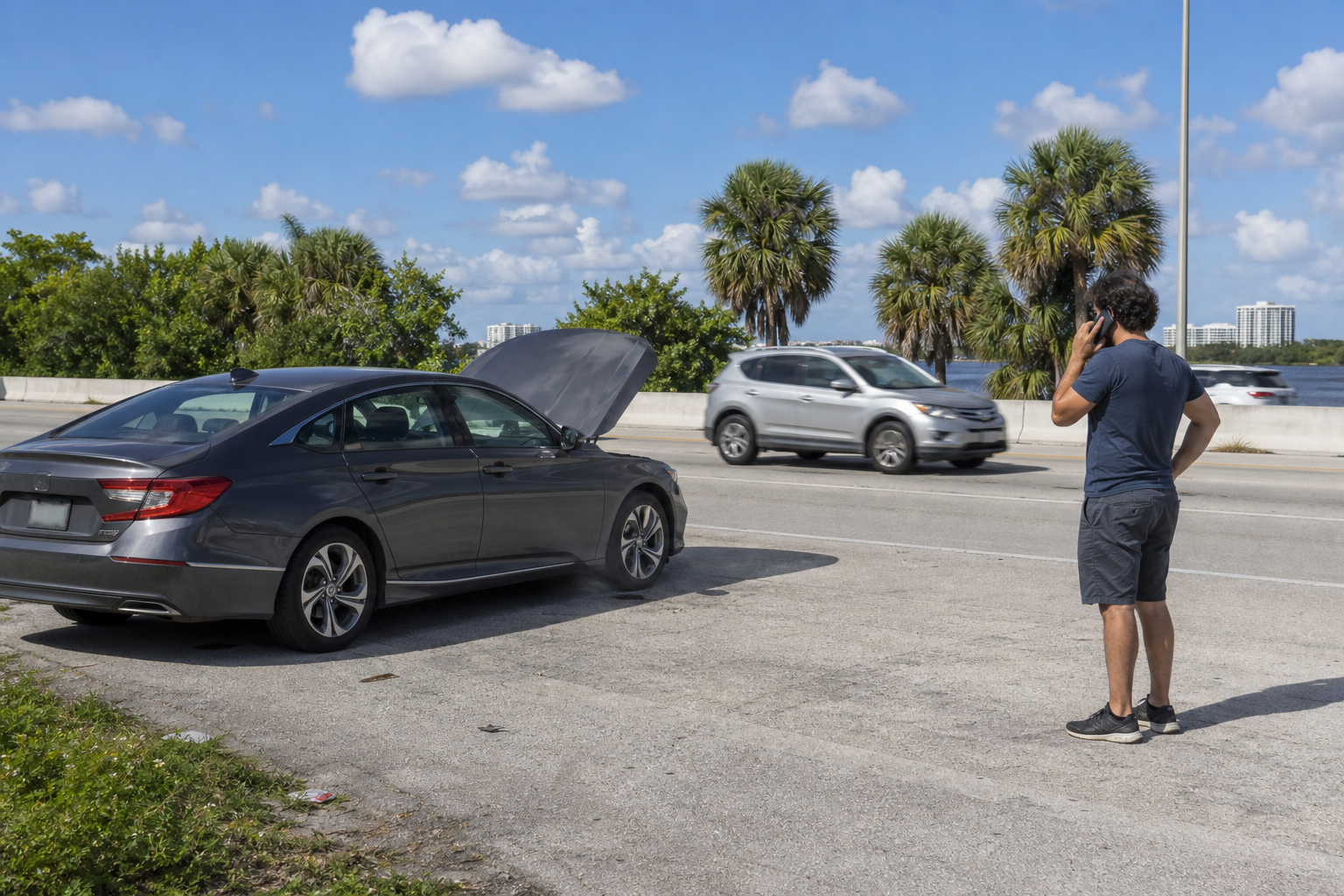 Driver safely stopped in a visible roadside area in West Palm Beach after noticing a burning smell from a car