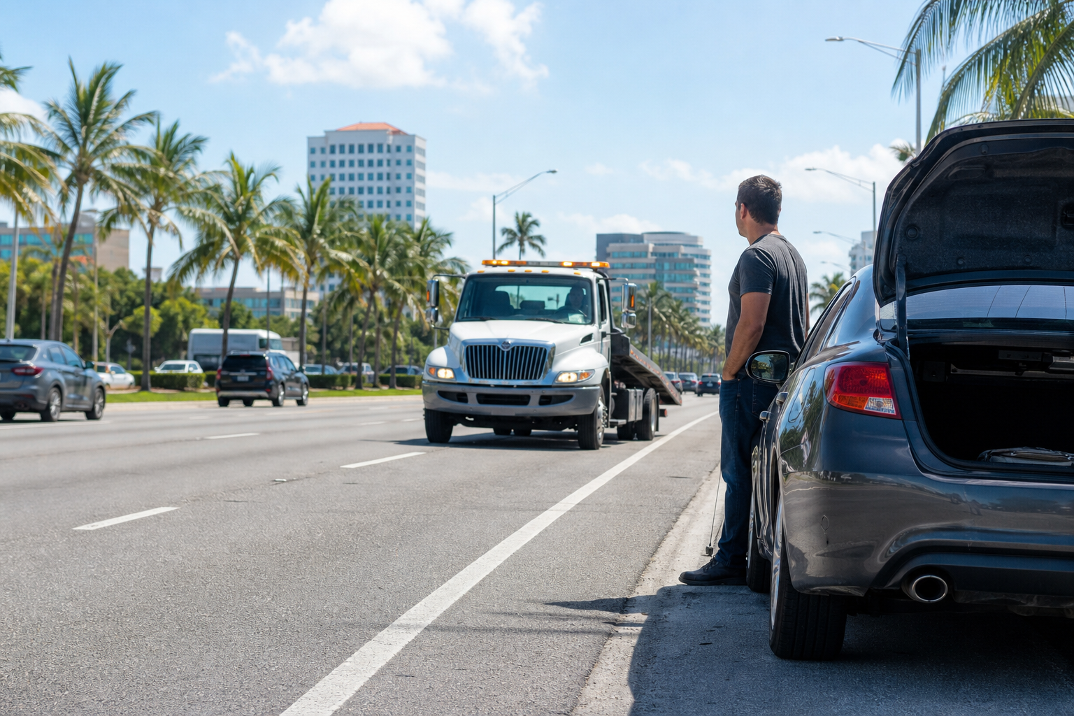 Disabled car pulled safely off a busy West Palm Beach roadway with a tow truck approaching