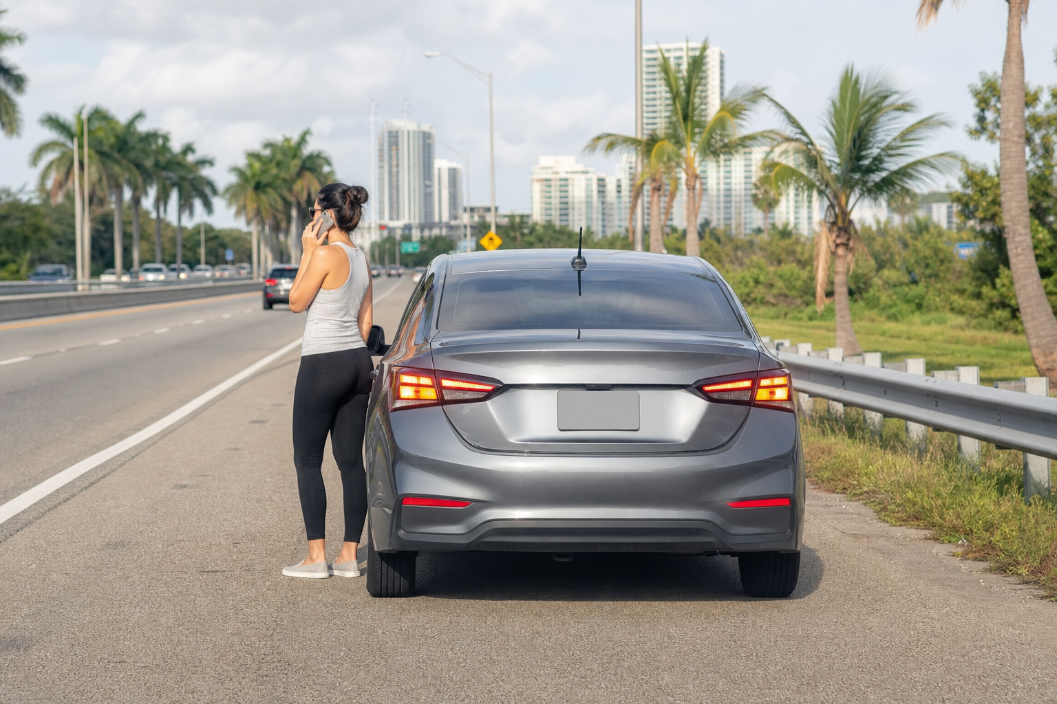 Disabled car pulled safely to the shoulder of a busy West Palm Beach roadway with hazard lights on